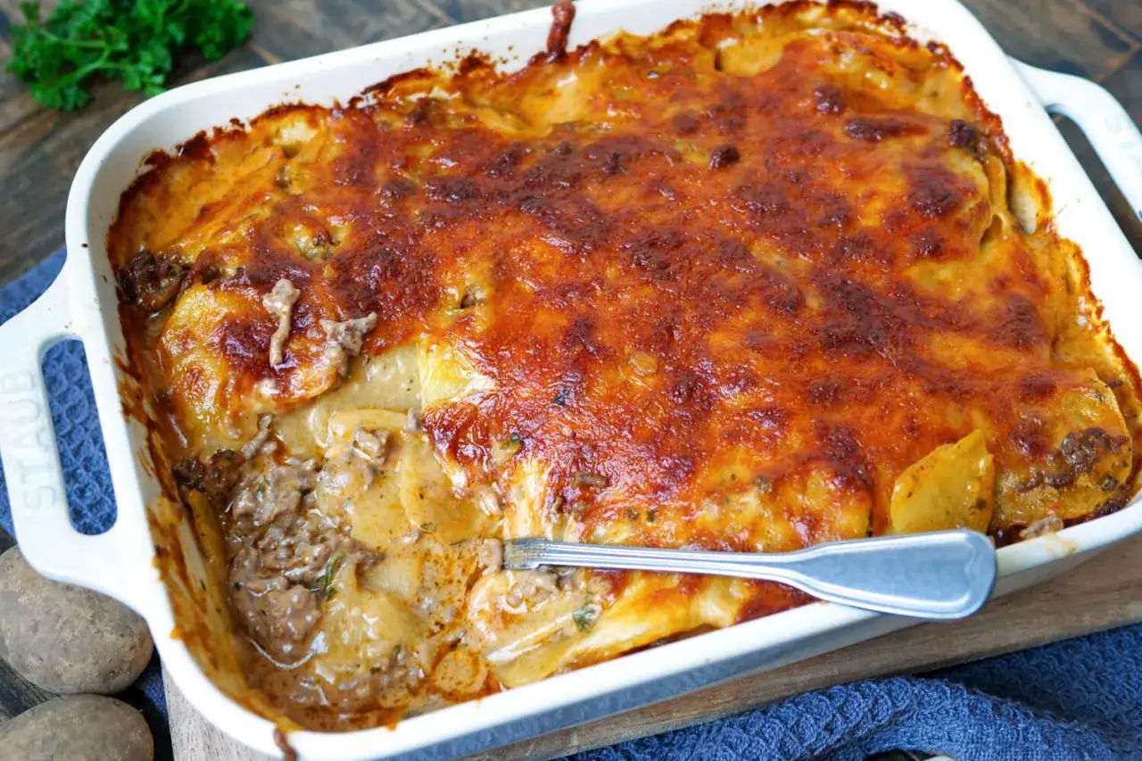 Omas Kartoffelauflauf mit Hackfleisch, goldbraun &uuml;berbacken, duftet verf&uuml;hrerisch. Eine Gabel sticht in die cremige Schicht.