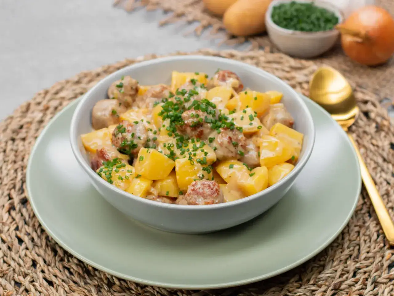 Herzhafte bratwurst kartoffel pfanne mit cremiger So&szlig;e und frischem Schnittlauch garniert, serviert in einer Sch&uuml;ssel auf einem geflochtenen Untersetzer.