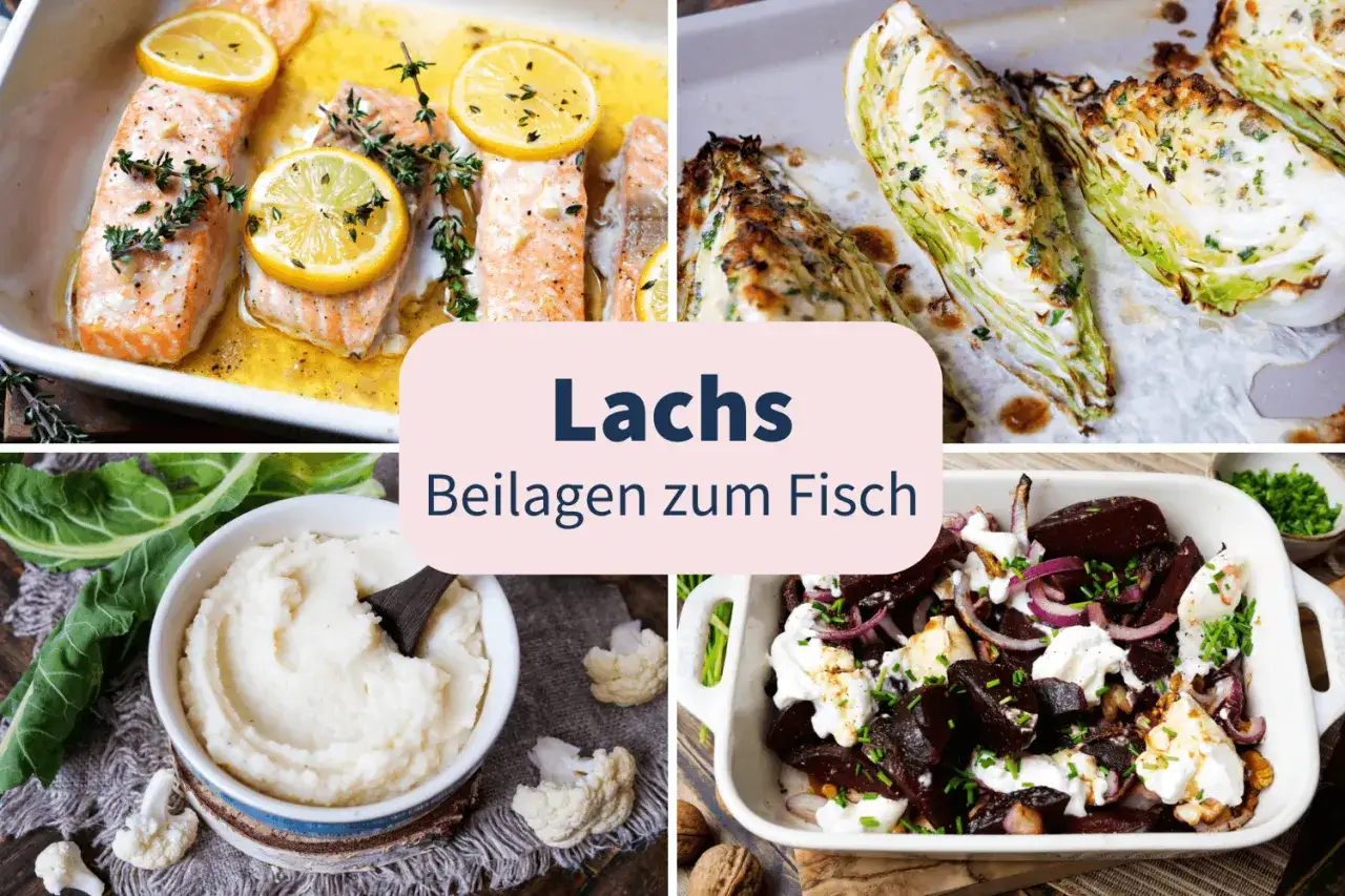Vier Collagen-Bilder zeigen: gebackener Lachs mit Zitrone, gebratener Kohl, Blumenkohlp&uuml;ree und Rote-Bete-Salat. Perfekt f&uuml;r schnelle Rezepte mit Lachs!