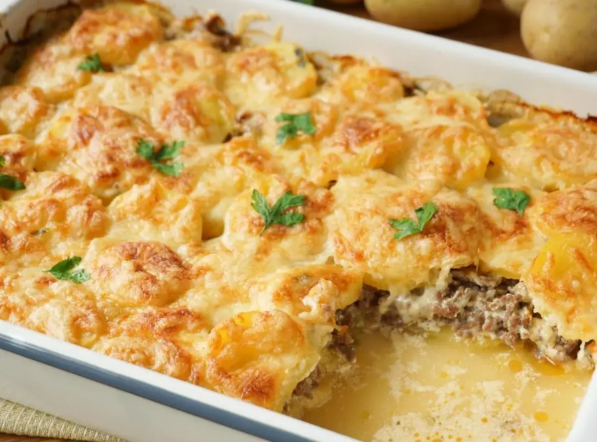 Herzhafte Kartoffel-Hackfleisch-Auflauf, ein schnelles Rezept aus dem Ofen, mit geschmolzenem Käse und Petersilie garniert.