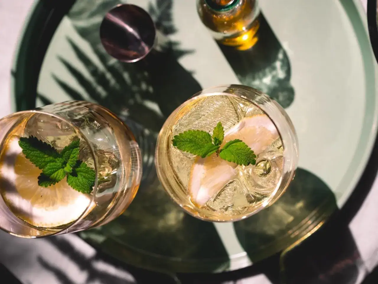 Erfrischende Aperitif-Rezepte: Zwei Gl&auml;ser mit Eis, Zitrone und Minze auf einem Tablett.