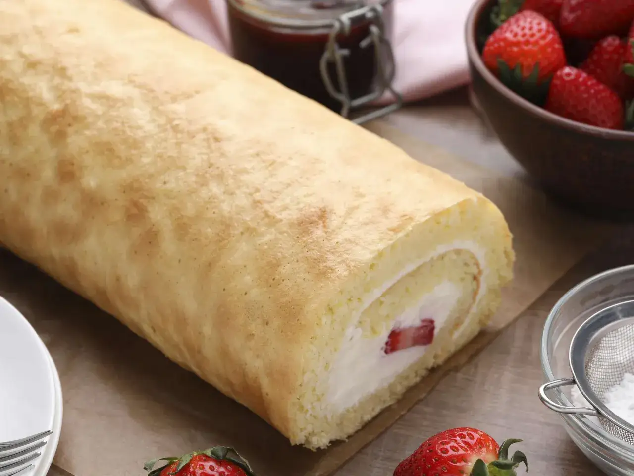 Biskuitrolle Grundrezept mit 5 Eiern, gef&uuml;llt mit Sahne und Erdbeeren. Daneben eine Sch&uuml;ssel Erdbeeren und ein Glas Marmelade.