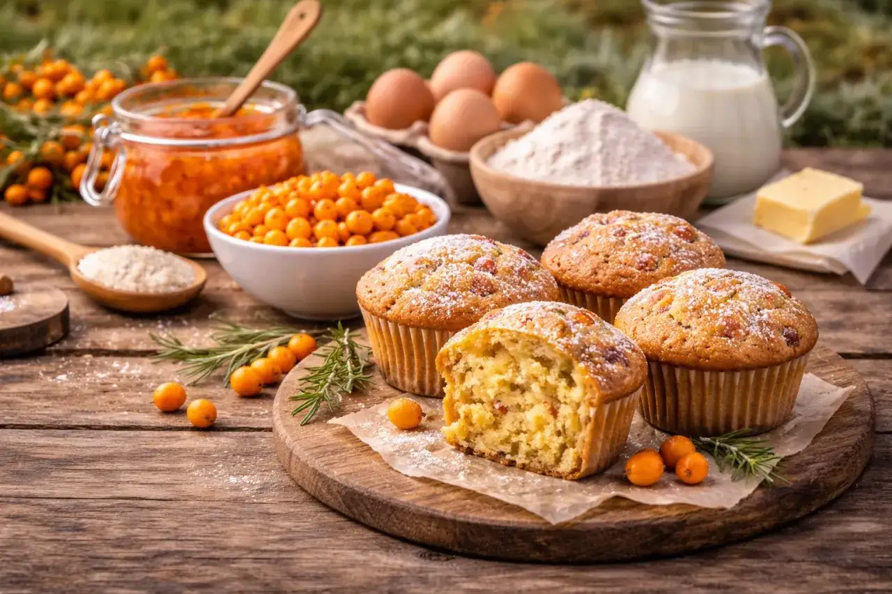 Sanddorn-Muffins mit Puderzucker, frischen Beeren und Rosmarin. So schmeckt Sanddorn: leicht säuerlich, fruchtig und erfrischend.