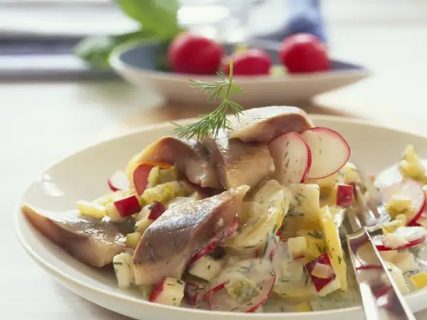 Schwedischer Kartoffelsalat mit Matjes, Radieschen und Dill. Ein köstliches Gericht, das den Geschmack des Sommers einfängt.