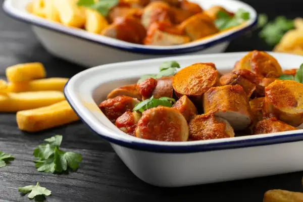 Zwei Schalen mit geschnittener Currywurst und Pommes. Die Wurst ist in einer würzigen, tomatigen Currysoße, wie im Imbiss, serviert.