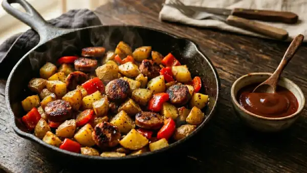 Heiß dampfende Bratwurst Kartoffel Pfanne mit Paprika, serviert in einer Gusseisenpfanne mit einer Schale Dip.